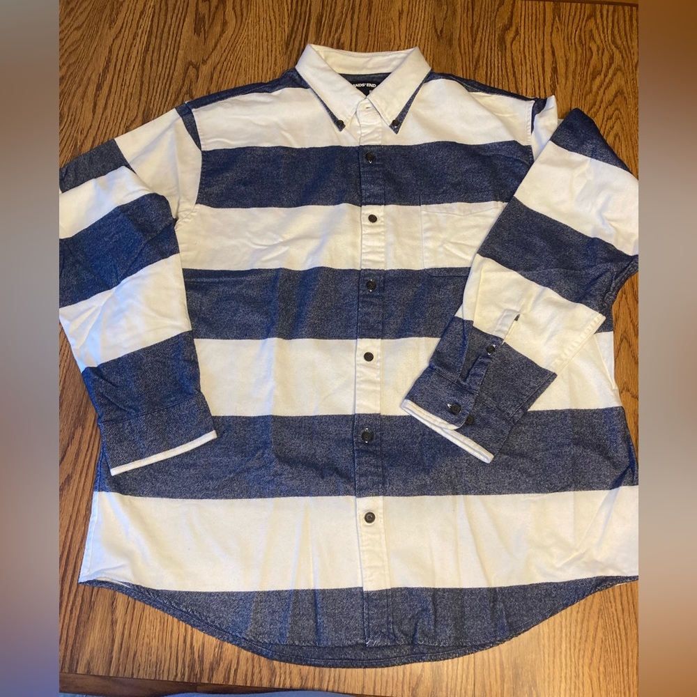 NWOT XL Lands’ End Shirt, Blue and White Stripe Nautical Flannel Traditional Fit